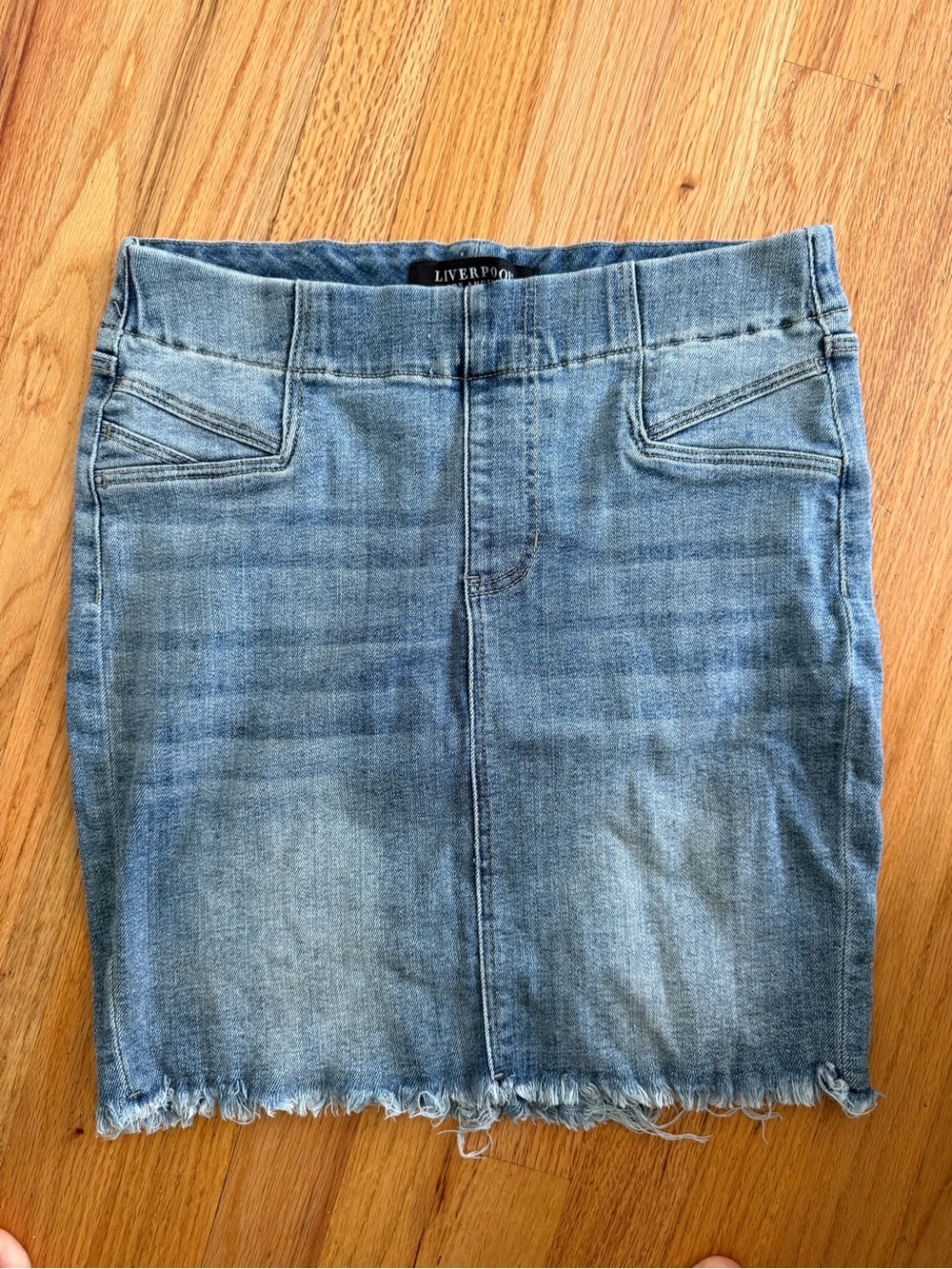 Liverpool Light Wash Denim Mini Skirt with Frayed Hem